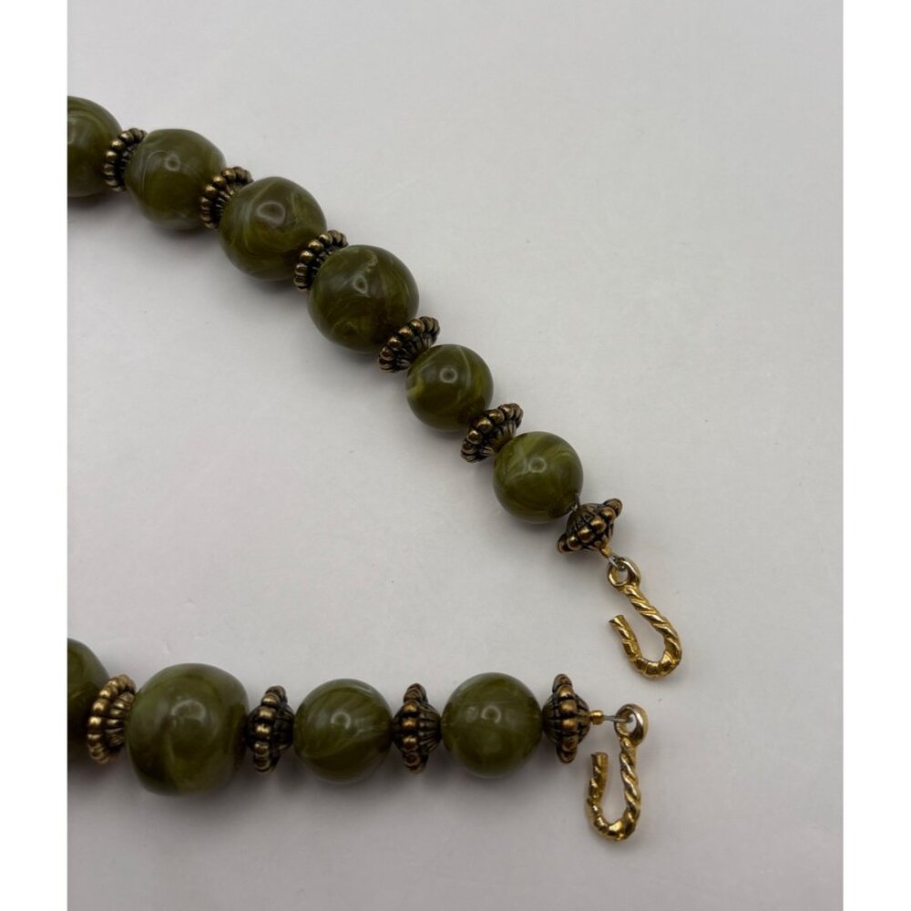 Chunky Olive Green Swirled Bead Necklace with Gold Tone Accents Bold Statement - Picture 5 of 7